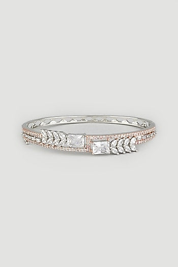 Two Tone Finish Zircons Handcrafted Bangle In Sterling Silver