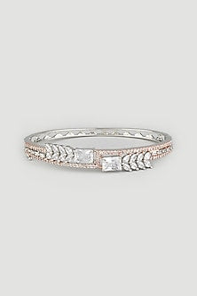 Two Tone Finish Zircons Handcrafted Bangle In Sterling Silver