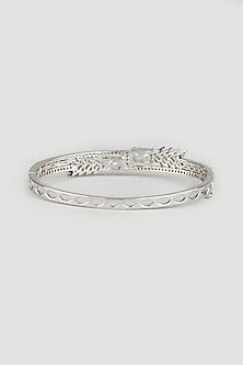 Two Tone Finish Zircons Handcrafted Bangle In Sterling Silver