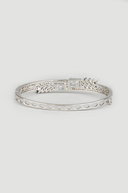 Two Tone Finish Zircons Handcrafted Bangle In Sterling Silver