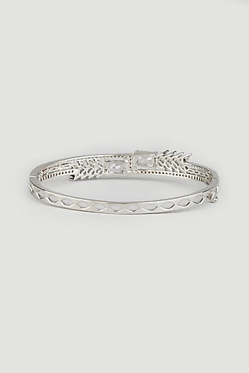 Two Tone Finish Zircons Handcrafted Bangle In Sterling Silver