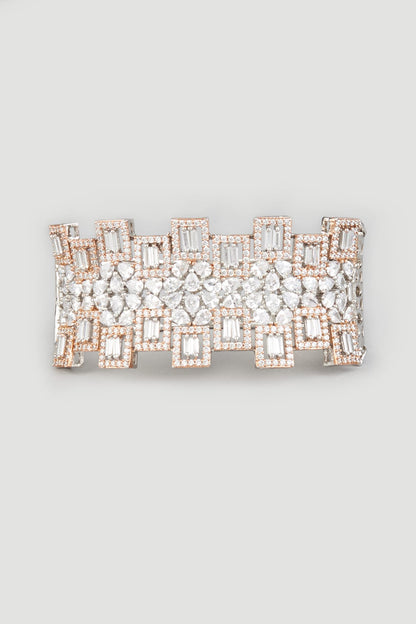Two Tone Finish Handcrafted Zircons Bangle In Sterling Silver
