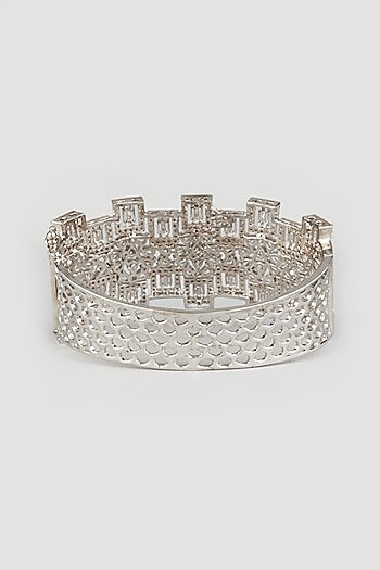 Two Tone Finish Handcrafted Zircons Bangle In Sterling Silver