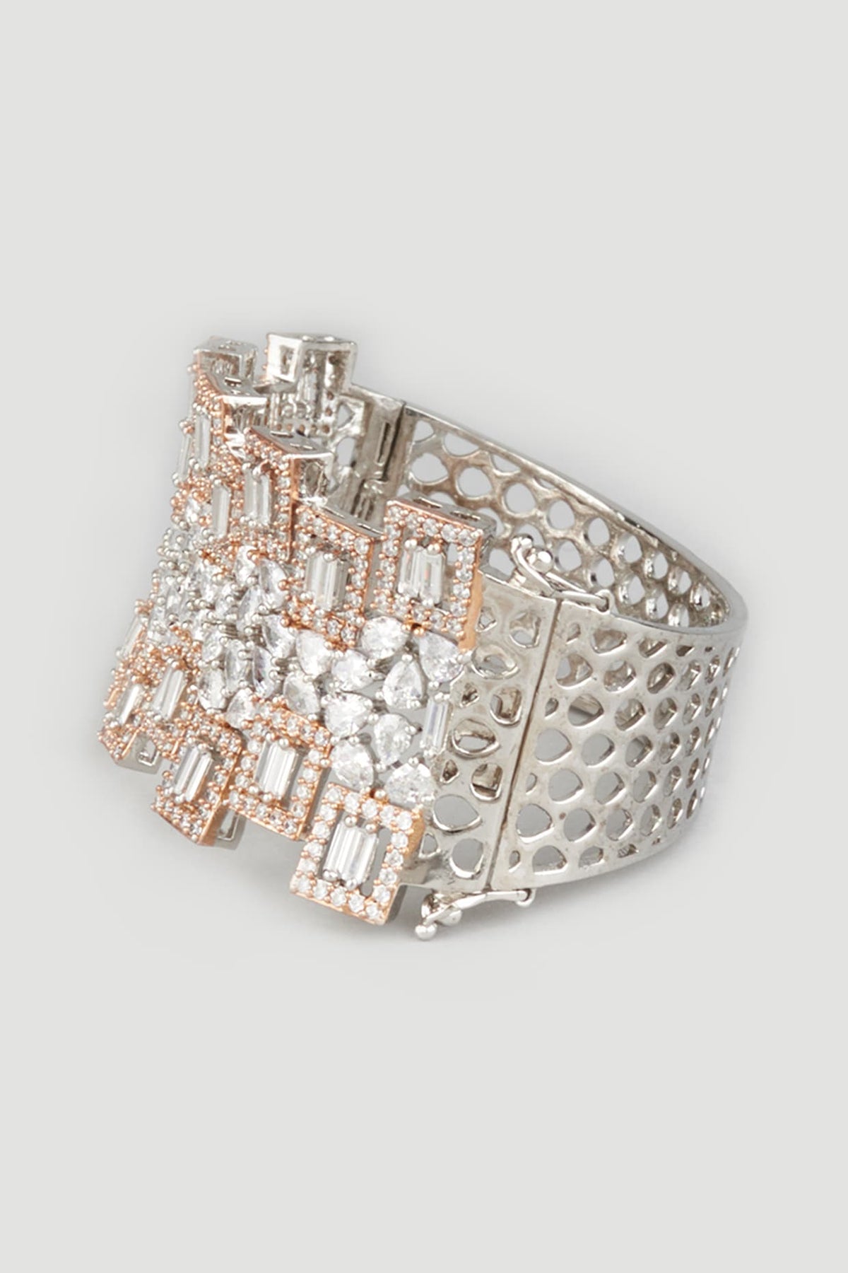 Two Tone Finish Handcrafted Zircons Bangle In Sterling Silver