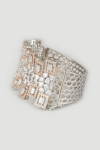 Two Tone Finish Handcrafted Zircons Bangle In Sterling Silver