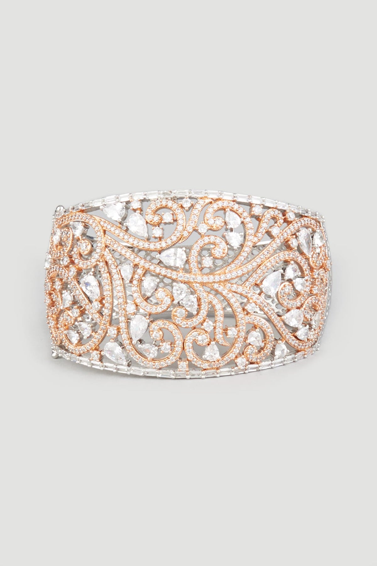 Two Tone Finish Zircons Bangle In Sterling Silver