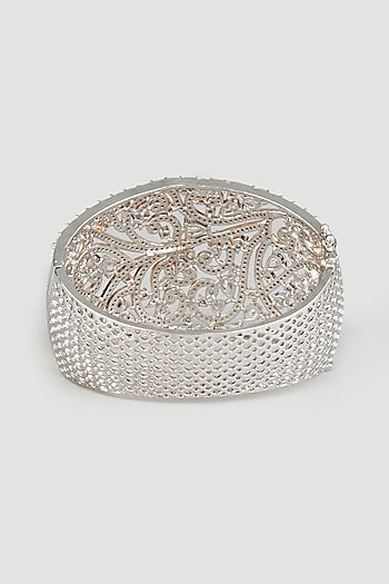 Two Tone Finish Zircons Bangle In Sterling Silver