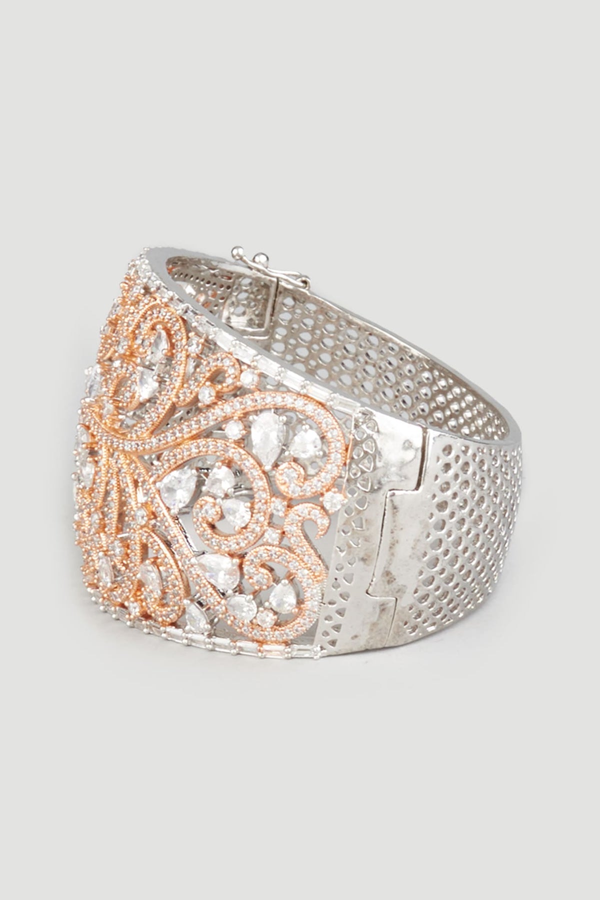 Two Tone Finish Zircons Bangle In Sterling Silver