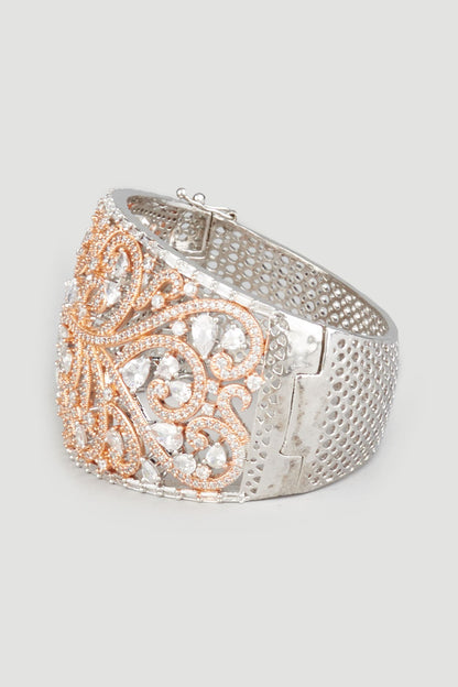 Two Tone Finish Zircons Bangle In Sterling Silver