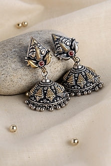 Two Tone Finish Kempstone Temple Jhumka Earrings In Sterling Silver
