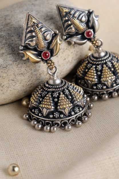 Two Tone Finish Kempstone Temple Jhumka Earrings In Sterling Silver