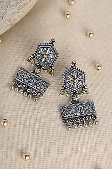 Two Tone Finish Temple Dangler Earrings In Sterling Silver
