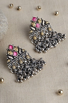 Two Tone Finish Red Kempstone Temple Dangler Earrings In Sterling Silver