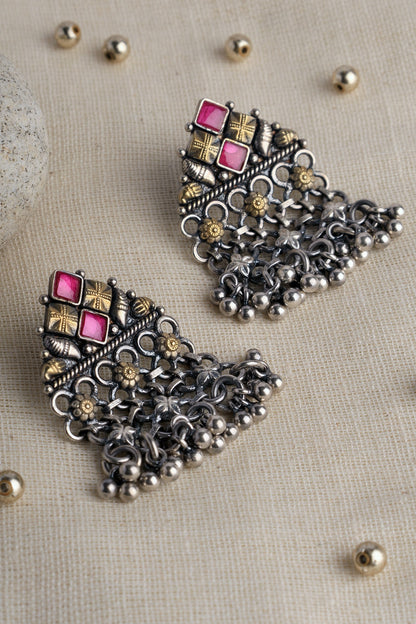 Two Tone Finish Red Kempstone Temple Dangler Earrings In Sterling Silver
