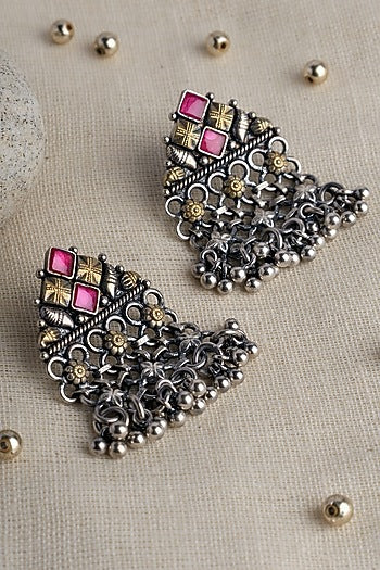 Two Tone Finish Red Kempstone Temple Dangler Earrings In Sterling Silver