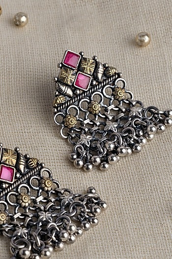Two Tone Finish Red Kempstone Temple Dangler Earrings In Sterling Silver