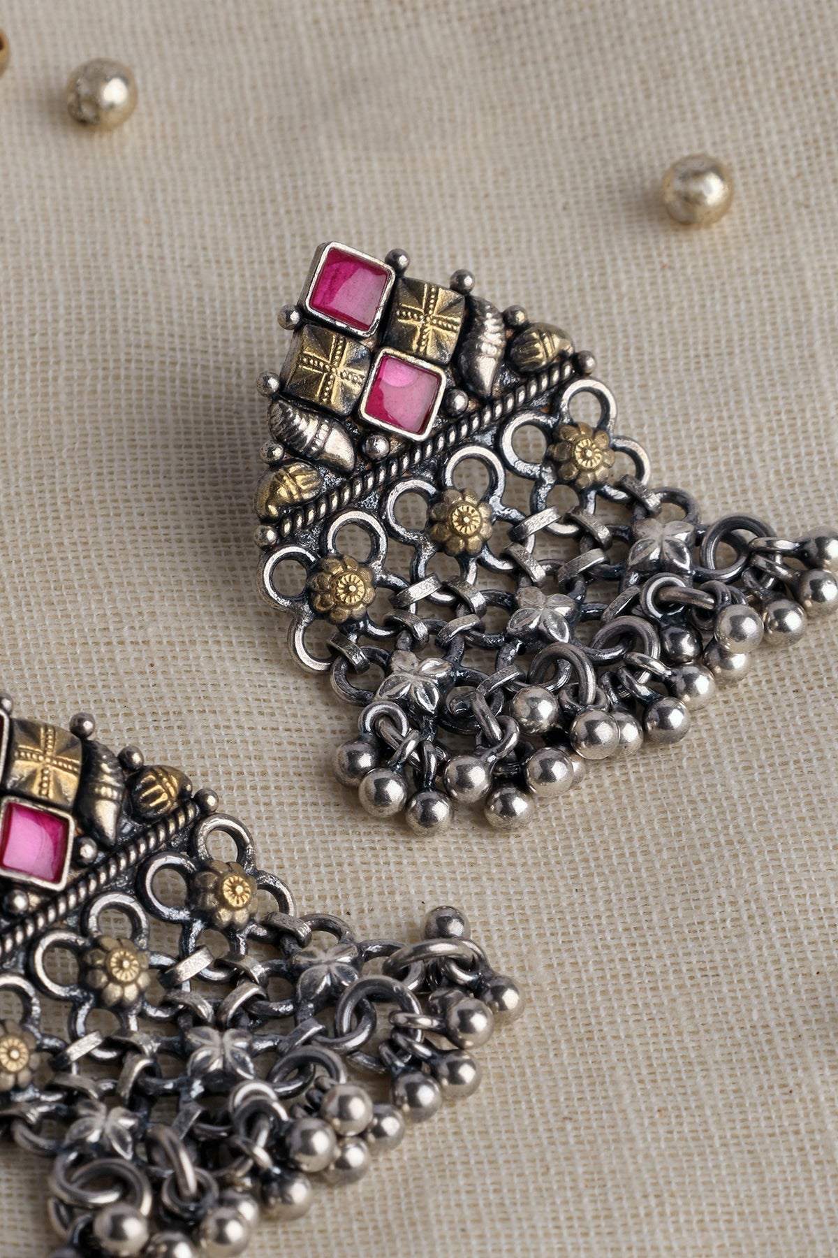 Two Tone Finish Red Kempstone Temple Dangler Earrings In Sterling Silver