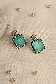 Two Tone Finish Green Kempstone Temple Dangler Earrings In Sterling Silver