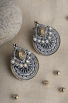 Two Tone Finish CZ Temple Dangler Earrings In Sterling Silver