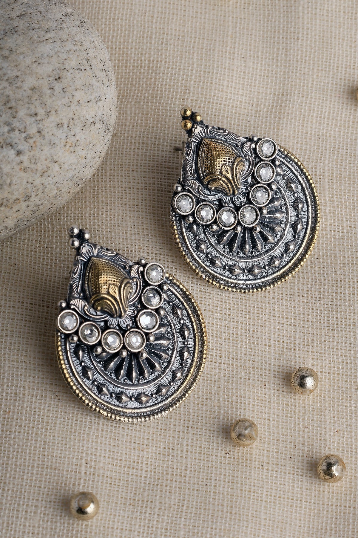 Two Tone Finish CZ Temple Dangler Earrings In Sterling Silver