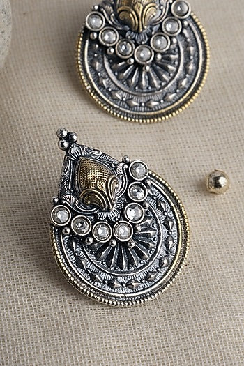 Two Tone Finish CZ Temple Dangler Earrings In Sterling Silver