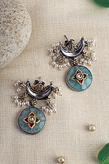 Two Tone Finish Kundan Polki Temple Dangler Earrings In Sterling Silver