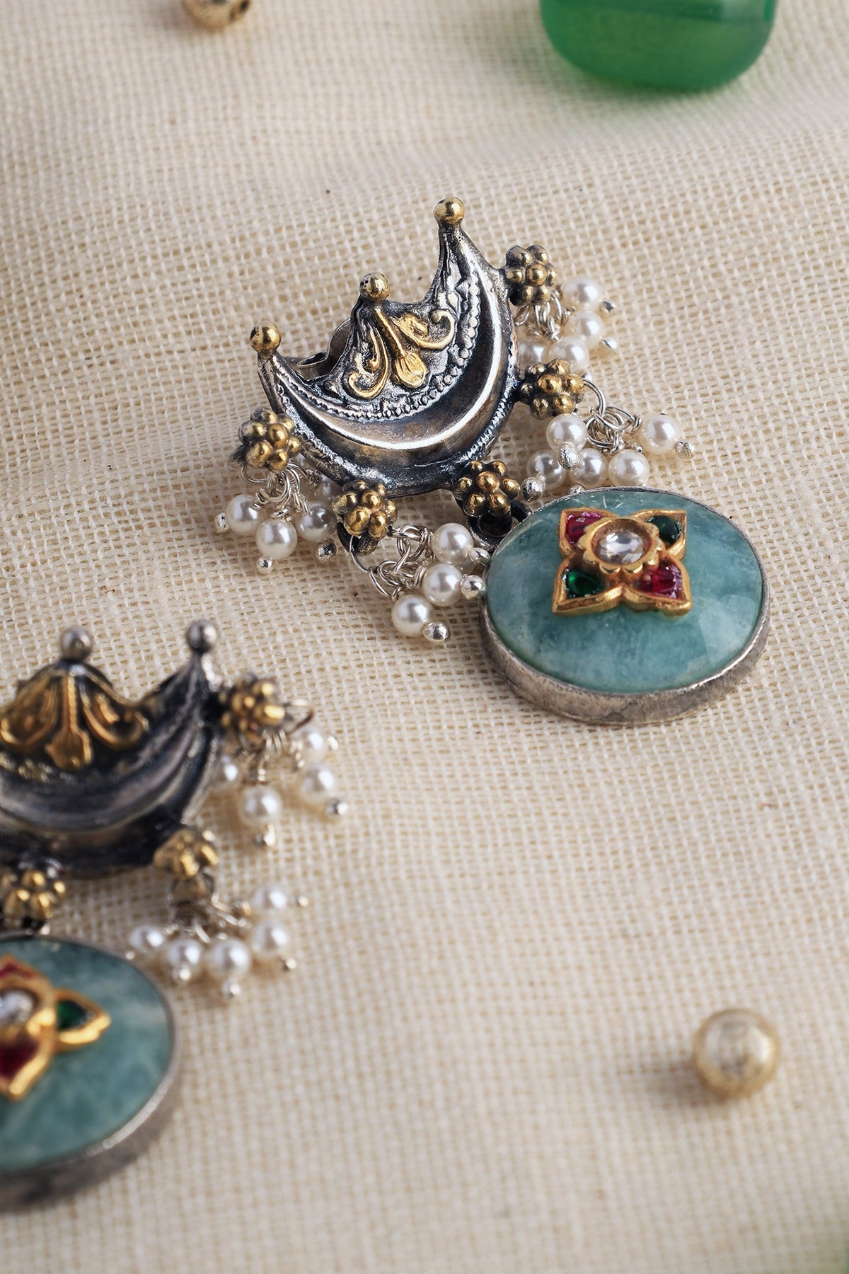 Two Tone Finish Kundan Polki Temple Dangler Earrings In Sterling Silver