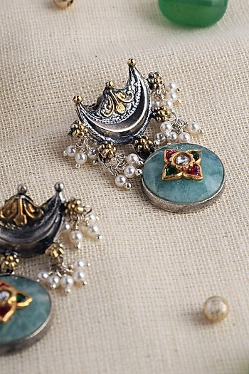 Two Tone Finish Kundan Polki Temple Dangler Earrings In Sterling Silver