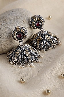 Two Tone Finish Kempstone Temple Jhumka Earrings In Sterling Silver