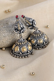 Two Tone Finish Kempstone Temple Long Jhumka Earrings In Sterling Silver