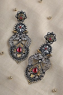 Two Tone Finish Red CZ & Kempstone Temple Dangler Earrings In Sterling Silver