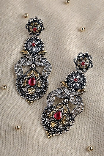 Two Tone Finish Red CZ & Kempstone Temple Dangler Earrings In Sterling Silver