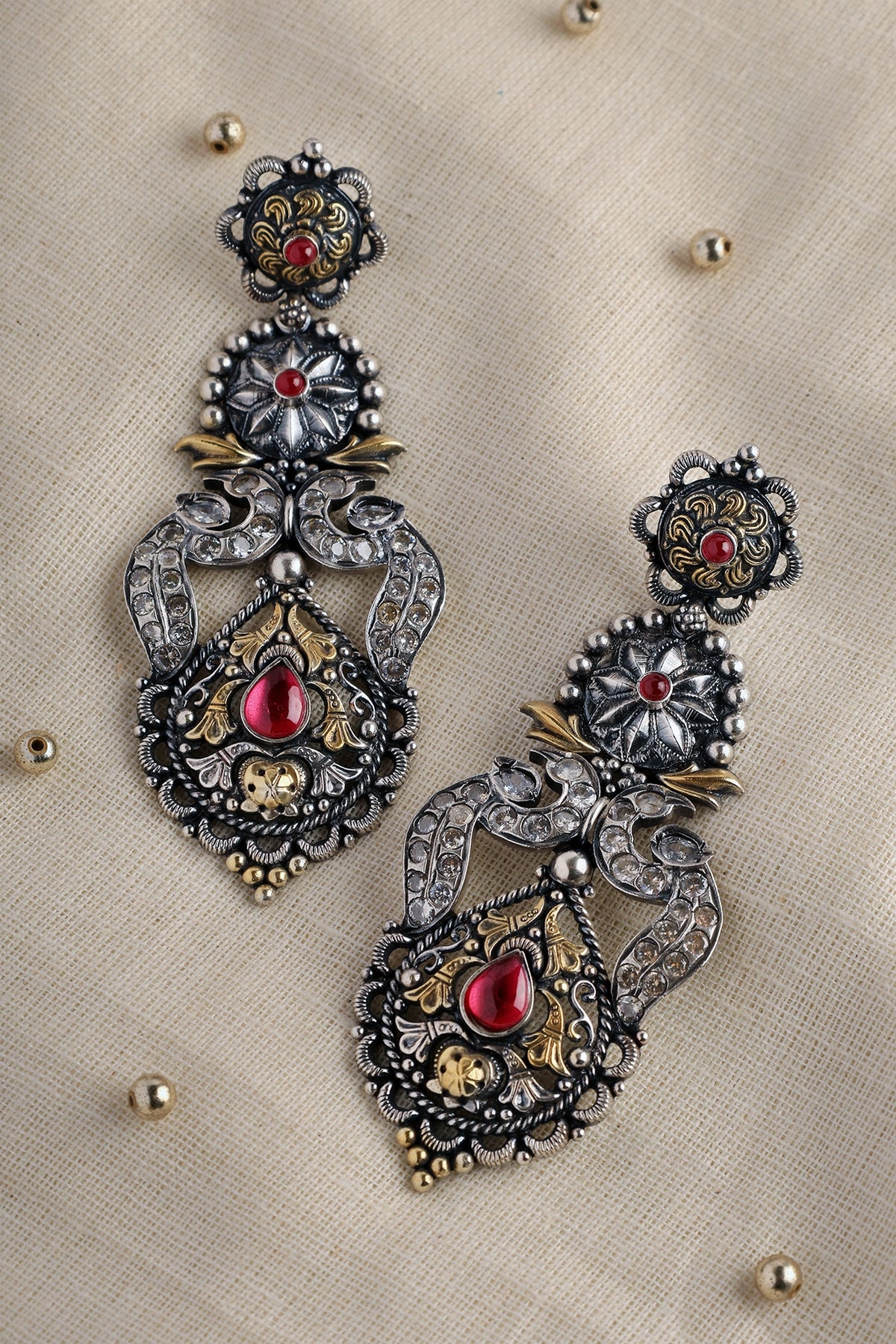Two Tone Finish Red CZ & Kempstone Temple Dangler Earrings In Sterling Silver