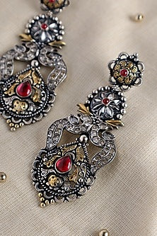 Two Tone Finish Red CZ & Kempstone Temple Dangler Earrings In Sterling Silver