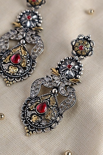 Two Tone Finish Red CZ & Kempstone Temple Dangler Earrings In Sterling Silver