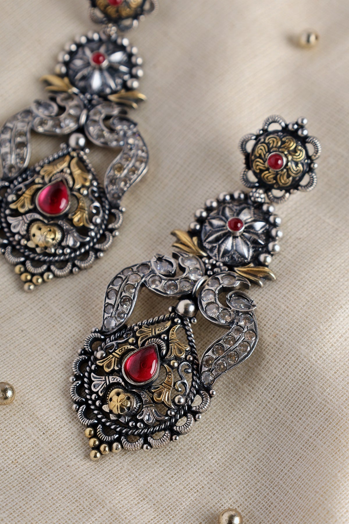 Two Tone Finish Red CZ & Kempstone Temple Dangler Earrings In Sterling Silver
