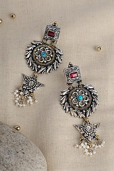 Two Tone Finish Turquoise Stone & Pearl Temple Dangler Earrings In Sterling Silver