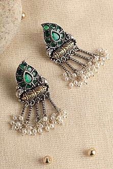 Two Tone Finish Green Kempstone & Pearl Temple Dangler Earrings In Sterling Silver