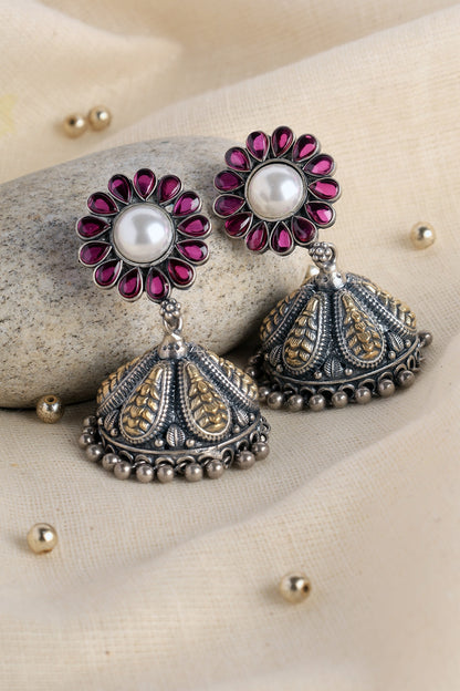 Two Tone Finish Red Kempstone & Pearl Temple Jhumka Earrings In Sterling Silver