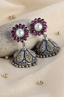 Two Tone Finish Red Kempstone & Pearl Temple Jhumka Earrings In Sterling Silver
