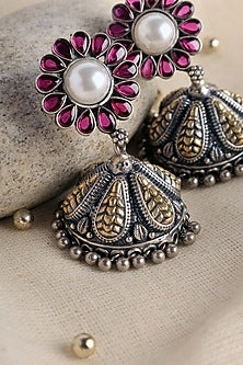 Two Tone Finish Red Kempstone & Pearl Temple Jhumka Earrings In Sterling Silver