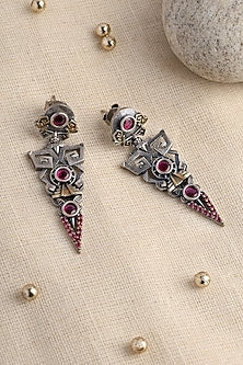 Two Tone Finish Pink Kempstone Temple Dangler Earrings In Sterling Silver