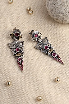 Two Tone Finish Pink Kempstone Temple Dangler Earrings In Sterling Silver