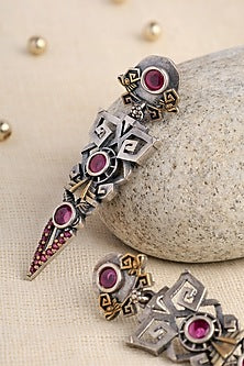 Two Tone Finish Pink Kempstone Temple Dangler Earrings In Sterling Silver