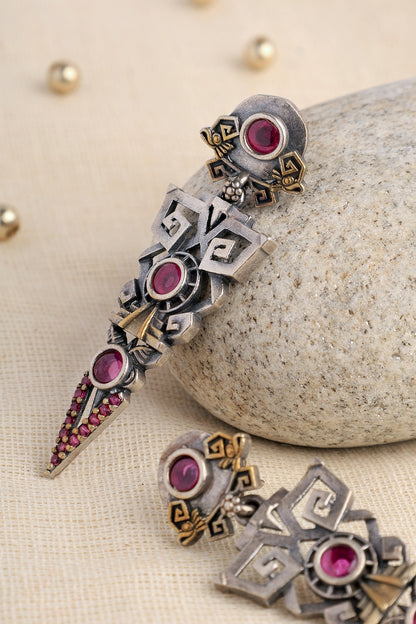 Two Tone Finish Pink Kempstone Temple Dangler Earrings In Sterling Silver