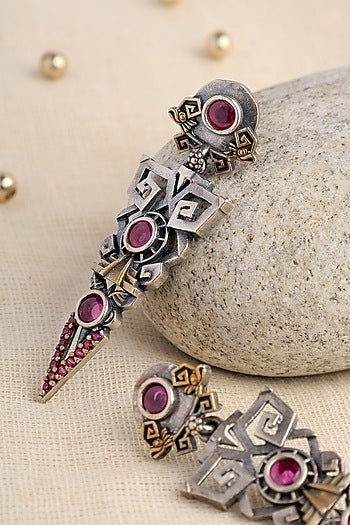 Two Tone Finish Pink Kempstone Temple Dangler Earrings In Sterling Silver