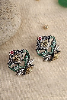 Two Tone Finish Kempstone Temple Peacock Earrings In Sterling Silver