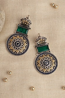 Two Tone Finish Green Kempstone & Pearl Temple Dangler Earrings In Sterling Silver