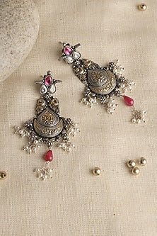 Two Tone Finish Red Kempstone & Pearl Temple Dangler Earrings In Sterling Silver