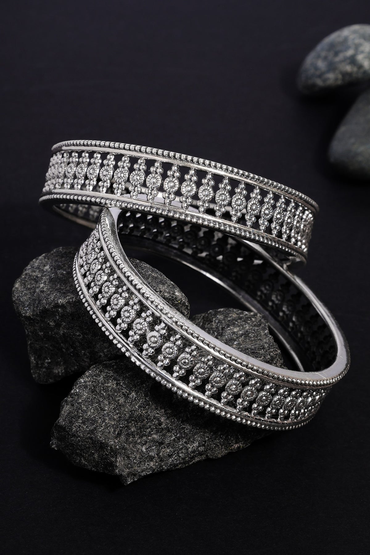 White Finish Temple Bangles In Sterling Silver (Set Of 2)